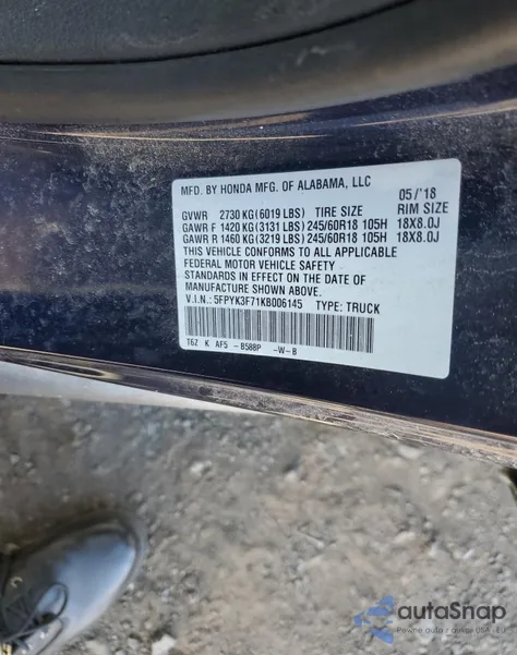 2019 Honda Ridgeline Rtl from USA, damaged, VIN 5FPYK3F71KB006145